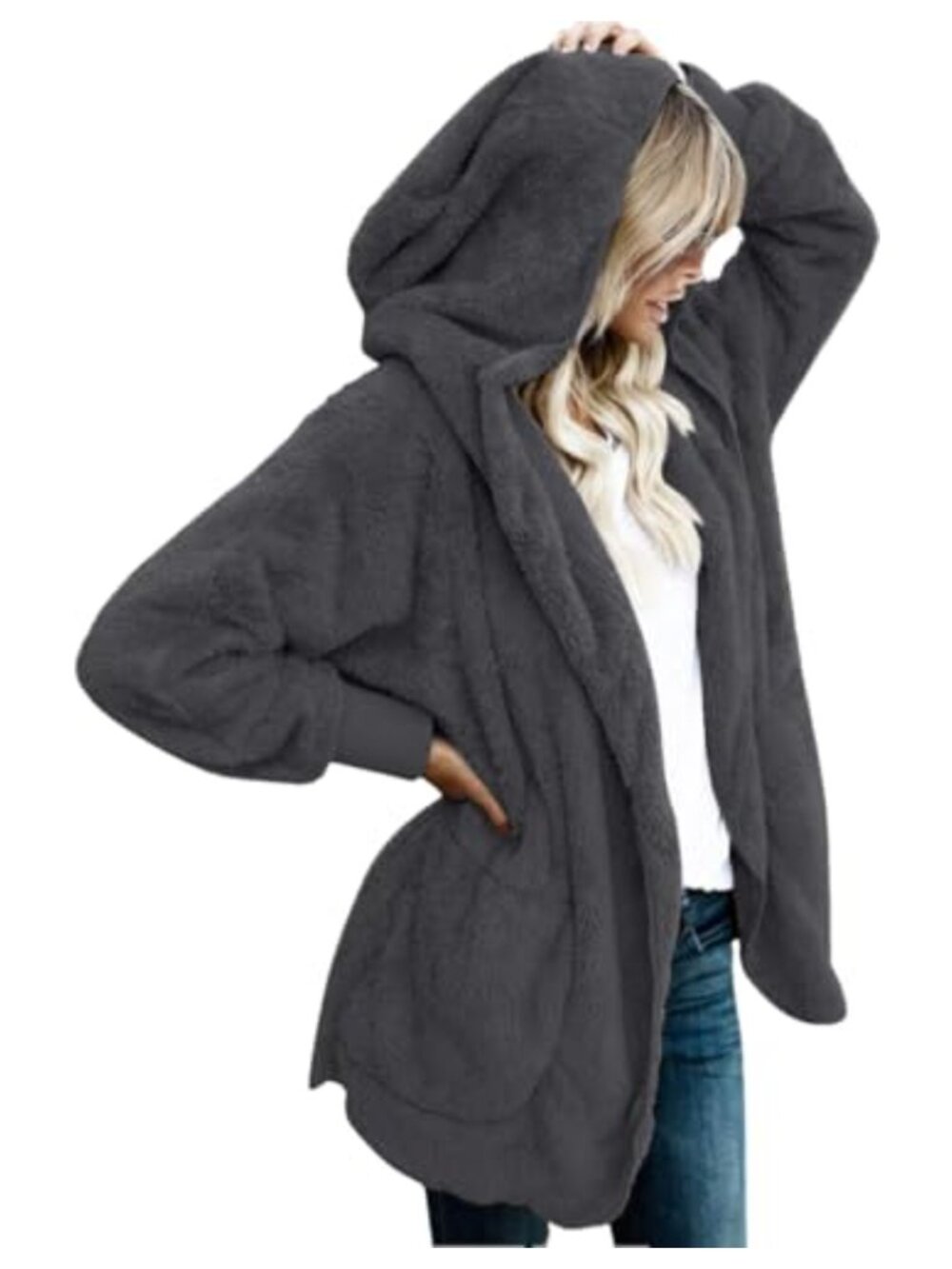 Sherpa Hooded Cardigan Open Front Fuzzy Sweater Coat with Pockets